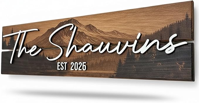 Custom Mountain Family Name Sign - Rustic Wood Wall Decor, Personalized Wedding & Gift for Couples Anniversary, Housewarming Gift for New Home (Small)