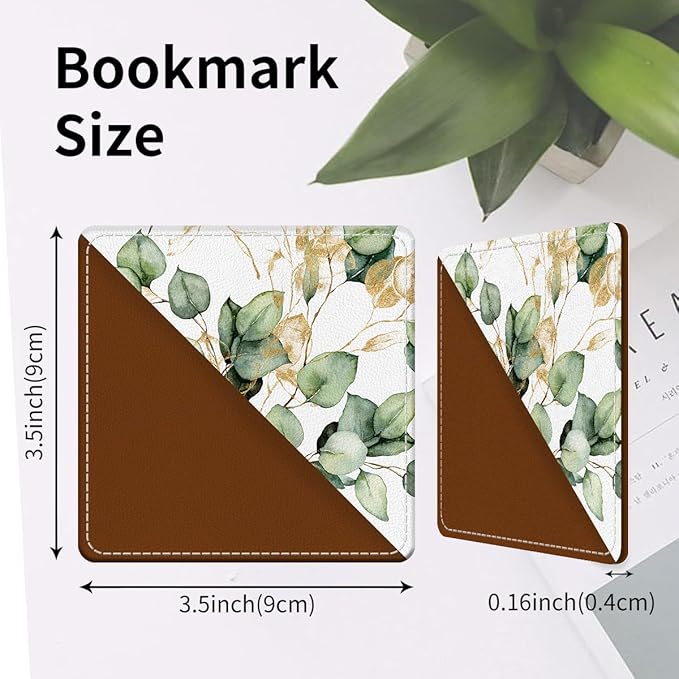 Cute Leather Bookmarks, Fun Triangle Making Corner Bookmark, Book Accessories for Reading Book Lovers, Unbreakable Page Markers for Women Men Cute Green Leaf