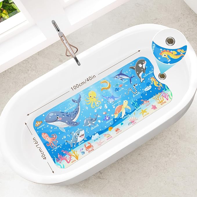SHUCHING Ocean Animals Bath Mat for Tub Non Slip-40 X 16 Inch, Baby Kids Bathtub Mat Non Slip, Toddler Long Shower Mat for Bathroom