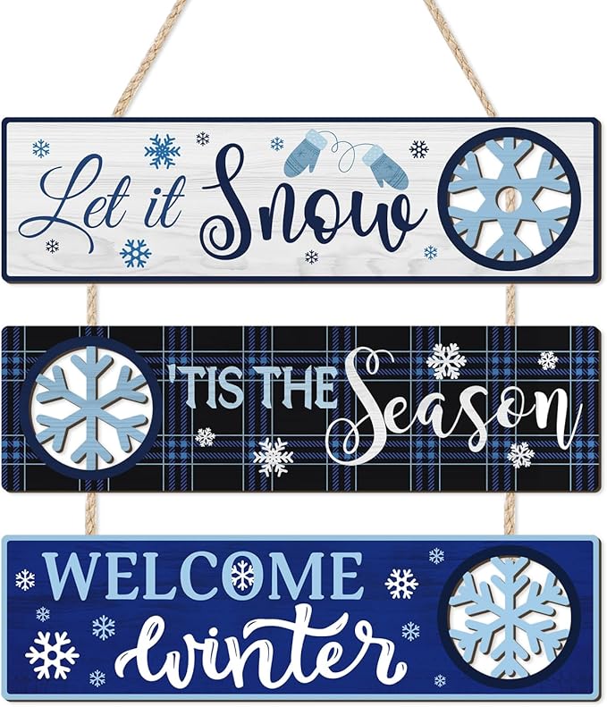 CHDITB Let It Snow Wooden Sign, Welcome Winter Front Door Sign, Snowy Snowflake Wood Hanging Plaque, Christmas Sign, Xmas Seasonal Wall Decor for Outdoor Porch Yard Home Decor