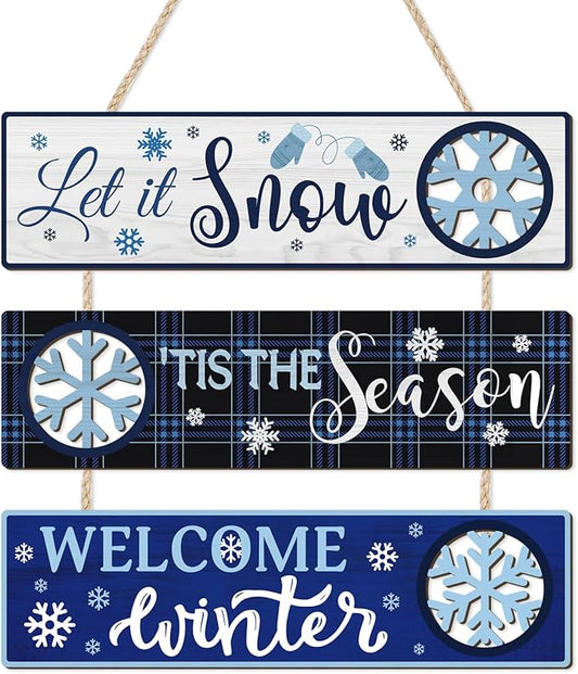 CHDITB Let It Snow Wooden Sign, Welcome Winter Front Door Sign, Snowy Snowflake Wood Hanging Plaque, Christmas Sign, Xmas Seasonal Wall Decor for Outdoor Porch Yard Home Decor