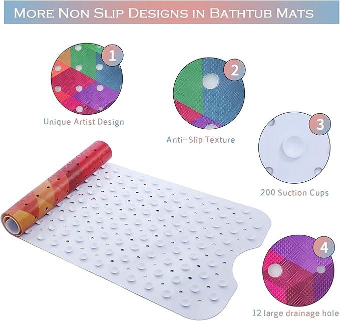 Rainbow Bathtub Mat Non Slip for Kids 40x16 Extra Long Geometry Modern Art Bath Mat for Tub Anti Slip 3D Cubic Abstract Bath Shower Mat with Large Drain Holes and Suction Cups Colorful Bathroom Decor
