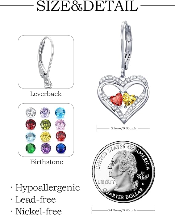 Heart Leverback Earrings Double Birthstone Dangle Earrings for Women, Love Jewelry for Her, Christmas Gifts for Women, Anniversary Birthday Gift for Mom Wife Girlfriend