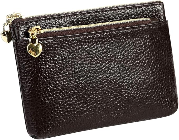 Women's Genuine Leather Coin Purse Zipper Pocket Size Pouch Change Wallet, Coffee