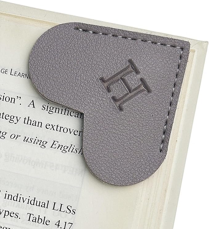 MOTEERLLU Personalized Leather Heart Bookmark with Initial, Cute Letters Custom Corner Book Mark for Reading Women, Teacher, Student, Book Lovers Gifts, Book Accessories (Grey, H)