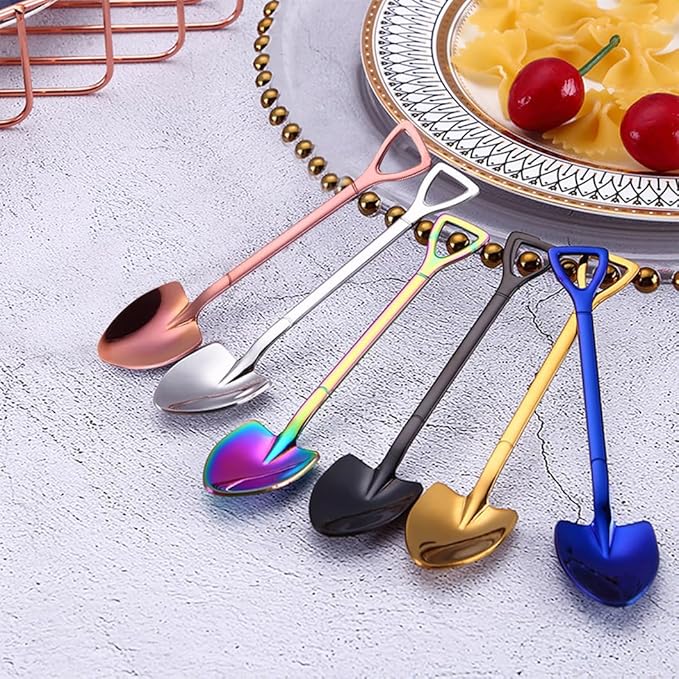 Rolin Roly 6Pcs Colourful Shovel Spoons Coffee Teaspoons Stainless Steel Dessert Spoon Set Rainbow Dinner Spoons Cute Demitasse Scoop for Stirring Drink Mixing Milkshake Jam
