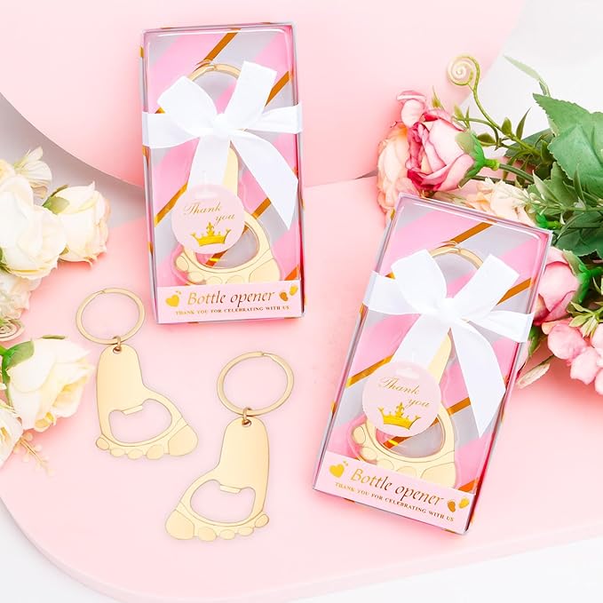 50Pcs Baby Girl Foot Keychain Footprint Bottle Openers Small Foot Bottle Opener Keychain Souvenir for Guests Baby Shower Return Gift for Party Favors with Pink Boxes Gifts or Decorations