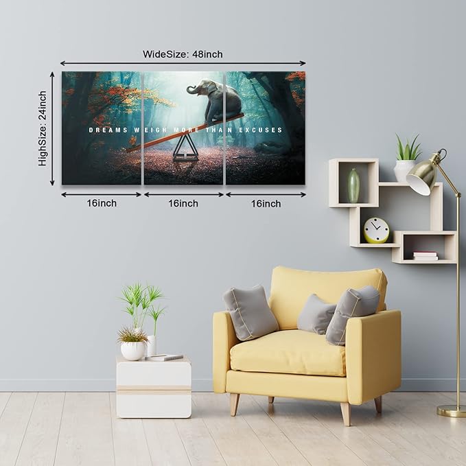 BWSPACE Inspirational Wall Decor, Motivational Canvas Wall Art, grind hustle wall art 3 Pieces Wall Art Decorations for Office Living Room and Bedroom Decor (Elephant, 48" W x 24" H)