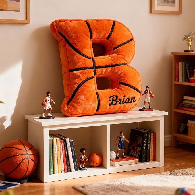 Mostop Personalized Initial Letter Pillow Custom Basketball Shaped Pillow with Name Birthday Gifts for Kids Boy Girls Dad Sports Lover