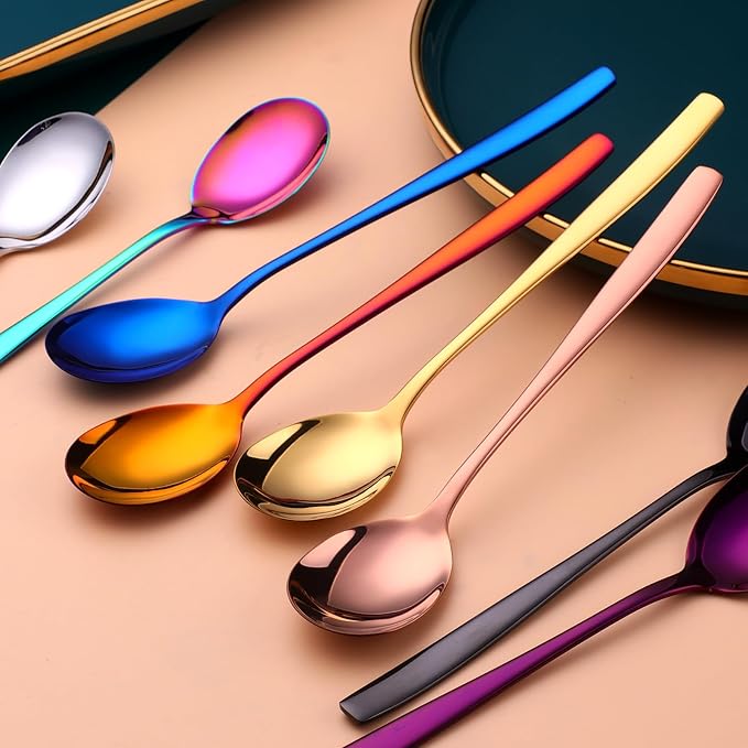 Metal Round Spoons, 8 inch Stainless Steel Reusable Long Handle Korean Soup Spoons, Table Dinner Desert Spoon Set of 8