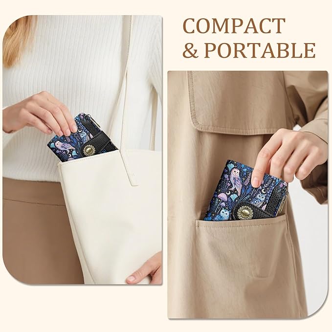 Owl Small Wallet Women RFID Blocking Bifold, Credit Card Holder, Zipper Coin Pocket, PU Leather, Magic, Compact, Travel, 4 ID Window, 14 Card Slots, Cash Purse, Ladies Woman Female Girls