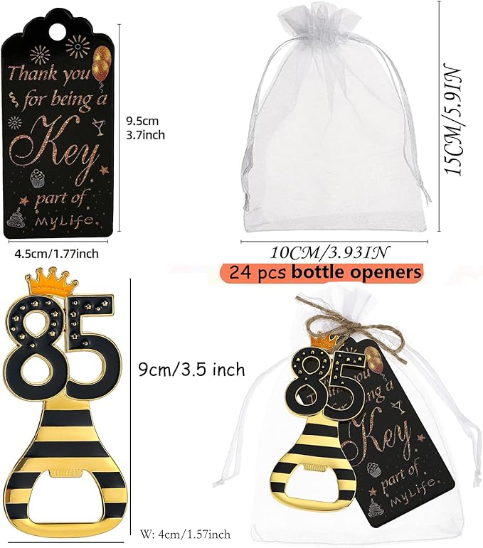 24pcs 85th Gold Keychain Bottle Opener 85th Birthday Party Favors, 85 Keychain Beer Bottle Opener Favors Anniversary Souvenirs Return Gifts for Guests Party Decor Supplies (black 85)