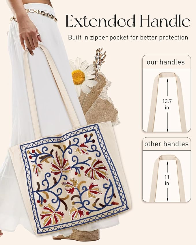 Miss Adola Aesthetic Embroidery Tote Bag for Women - Reusable Canvas Cute Shoulder Bag for Shopping, Grocery, Work, Book