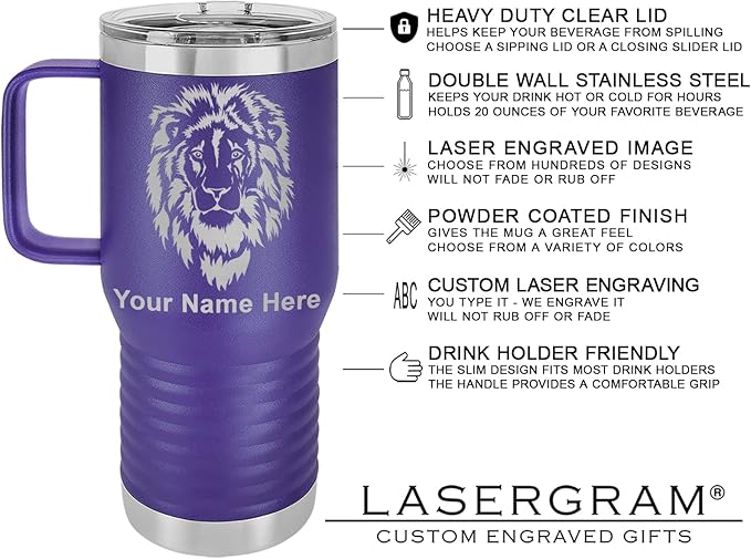 LaserGram 20oz Vacuum Insulated Travel Mug with Handle, Cup Cake, Personalized Engraving Included (Dark Purple)