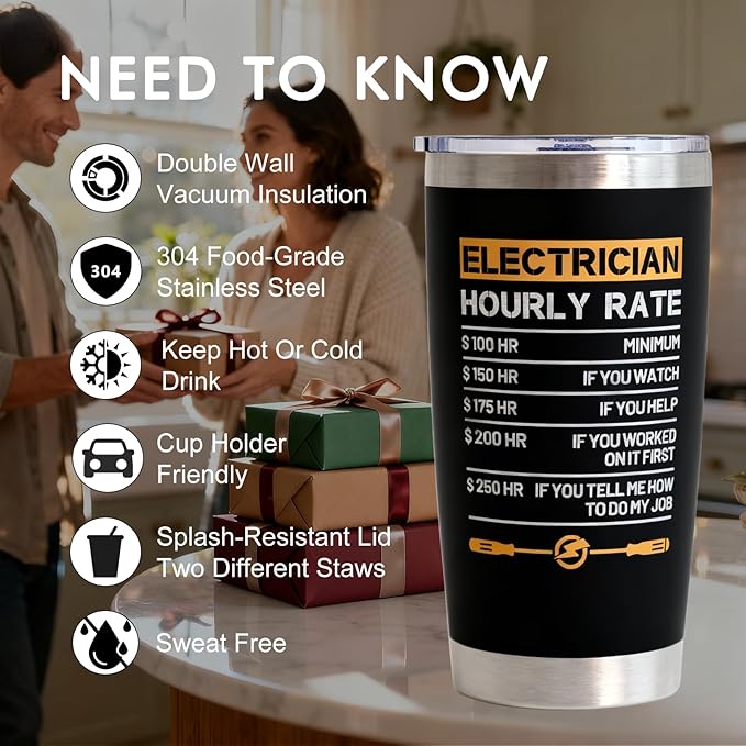 Electrician Gifts for Men - 20oz Electrician Tumbler with Best Electrician Ever & Funny Hourly Rate Design, Complete with Gift Box | Gifts for Electricians Men