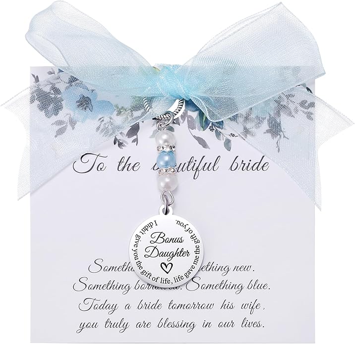 Ralukiia Something Blue for Daughter in Law, Bridal Bouquet Charm for Bride, Gift for Bonus Daughter on Wedding Day, Bridal Shower Gift, Blue Pearl Wedding Charm from Mother in Law