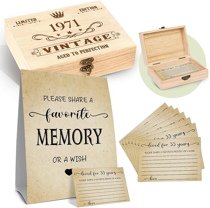 55th Birthday Party Share a Memory Set, 1971 Birthday Gifts for Women Men, 1971 Wooden Share A Memory Box with Memory Sign and 50 Pcs Memory Cards, 1971 Birthday Gifts, 55th Birthday Party Decorations