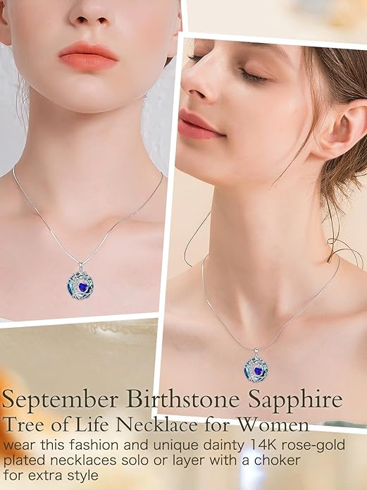 TOUPOP Tree of Life Birthstone Necklace 925 Sterling Silver Pendant Austrian Crystal Jewelry Anniversary Valentine's Day Birthday Gifts for Women Mom Her Wife