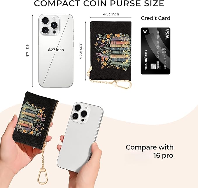Book and Flower Keychain Coin Purse for Women, Small PU Leather Change Pouch, Zipper Little Tiny Travel Wallet for Girls, Cute Kawaii Zip Pocket Coin Holder with Key Ring