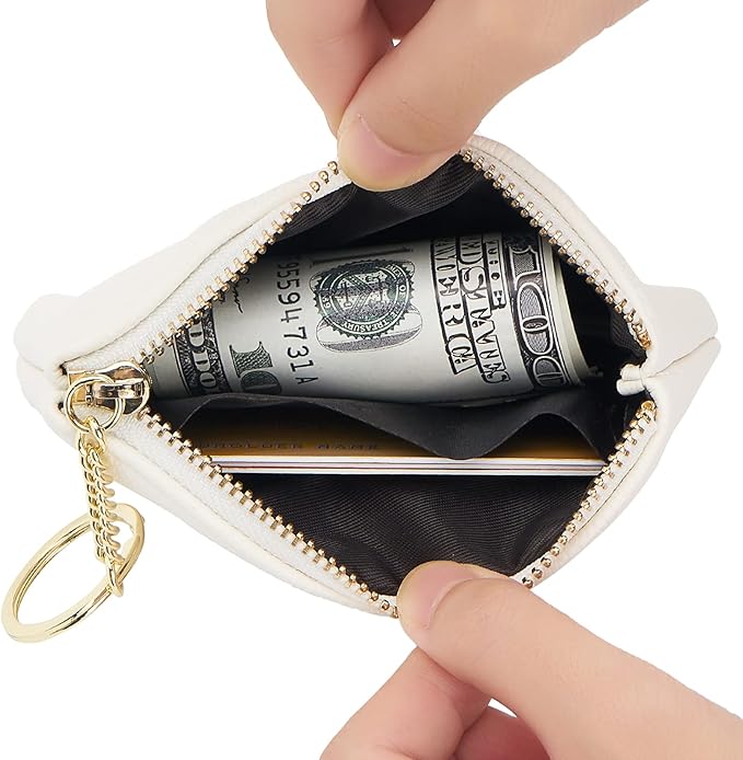 WOZEAH Artificial Leather Coin Purse Change Purse With Key Chain Ring Zipper For Men Women (A White)