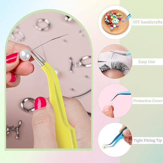 Honoson 9 Pieces Curved Pointed Craft Tweezers Stainless Steel Precision Tweezer with Protective Cover for Rhinestones Dried Flowers Craft Stickers Eyelash Extension Jewelry Making(Macaron Colors)