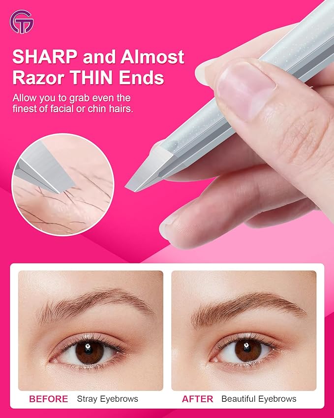 Expert Slant Tip Tweezers with Leather Case, GlamTweeler Sharp & Precision Stainless Steel Tweezer for Eyebrows, Facial Hair and Fine Hairs Removal (Sparkle Silver)