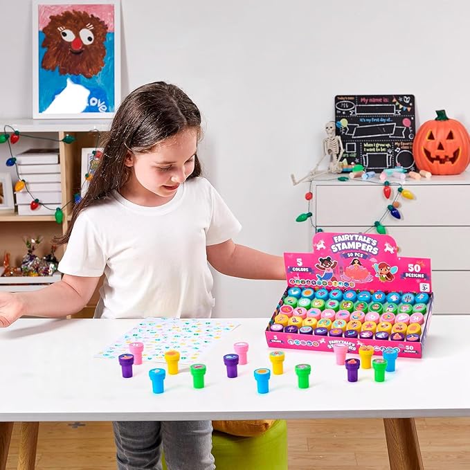 JOYIN 50 Pcs FairyTale's Themed Stamps for Kids - Self-Ink Stamps with 50 Designs for Birthday Party Favor, Carnival Prizes, Goodie Bag, Halloween, Christmas (Mermaid, Princess, Unicorn Stampers)