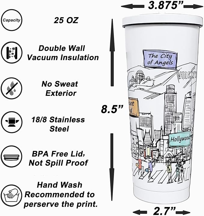 Cities Around the World 25 Oz Tumbler Series - Designed in the USA - Vacuum Insulated Tumbler with Lids & Straw - Stainless Steel Coffee Water Travel Mug, for Hot Cold Drink (Los Angeles)