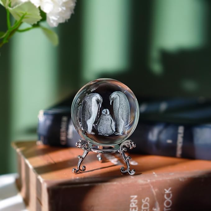 ZEERSHEE 60mm Crystal Penguins Decorative Balls 3D Laser Engraved The Penguin Family Paperweight with Stand