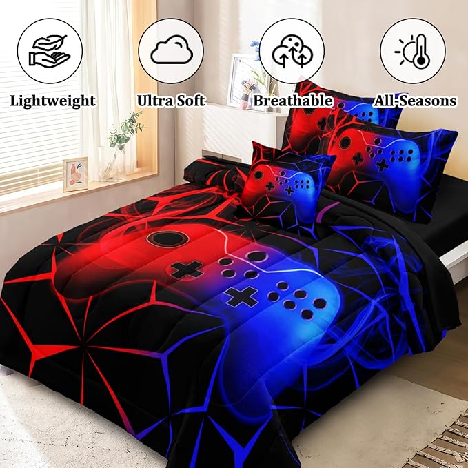 4 Pcs Gamer Twin Bedding Set for Boys, Blue-red Gaming Twin Size Boys Comforter Set for Kids