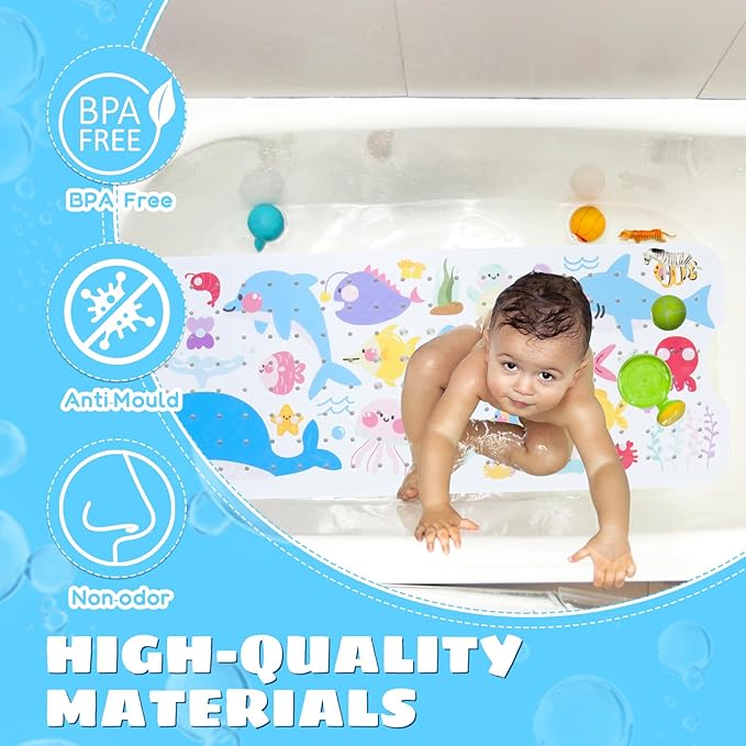 Baby Bath Mat for Tub Non Slip Kids Bathtub Mat Extra Long 40X16 Inch Toddler Bath Tub Shower Mat Anti Slip with Suction Cups & Drain Holes, Machine Washable (Sea Fish)