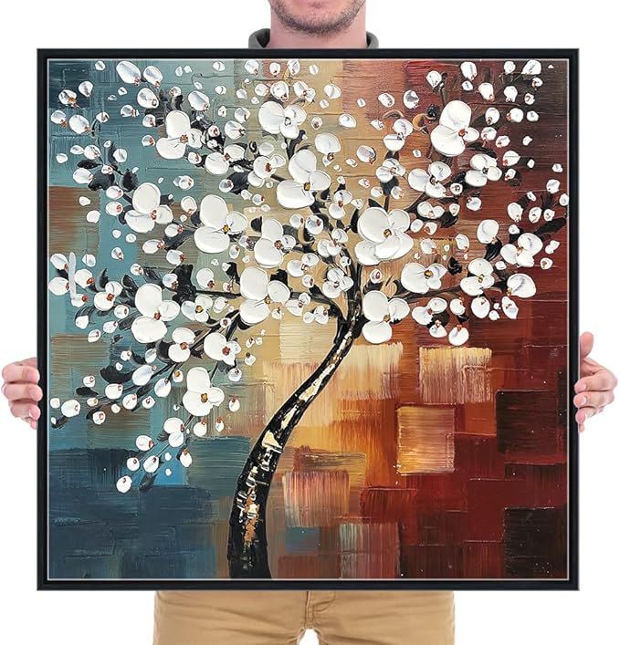 Wieco Art Framed Art Morning Glory Modern Abstract White Flowers Oil Paintings on Canvas Wall Art Floral Artwork for Living Room Bedroom Home Office Decorations Wall Decor