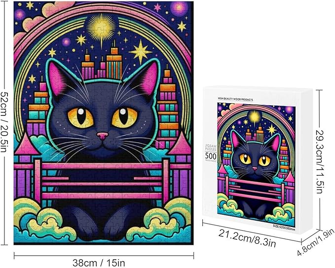 Wooden Puzzle - Dreamy Starry Night Cat Jigsaw Puzzles，Wooden Puzzles for Adults 500 Pieces Challenge Puzzles，Educational Games，Family Puzzles，Unique Gifts for Wall Art