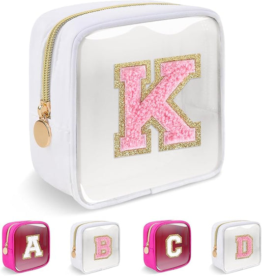 Personalized Initial Letter Clear Preppy Makeup Bag,Mini Nylon Chenille Letter Cosmetic Bag Cute Zipper Pouch Purse for Teen Girls,Portable TSA Approved Beach Travel Essentials Bag Gift for Women,K