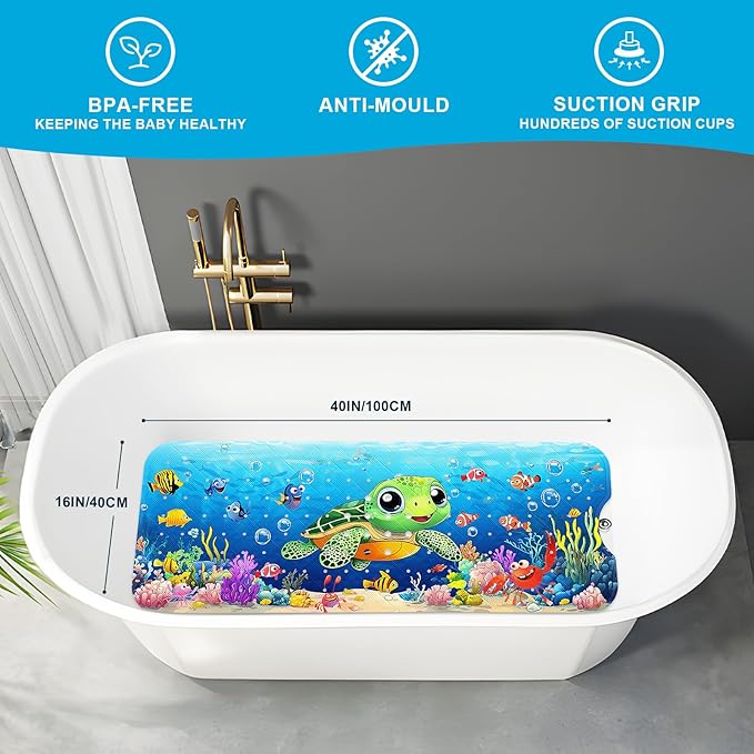 XIYUNTE Baby Bath Mat for Tub Non Slip Kids Bath Mat - 40''x16'' Extra Long Cartoon Turtle Baby Bath Tub Mat Eco-Friendly Toddler Bath Mats with Suction Cups & Drain Holes, Easy to Clean & Easy Drying