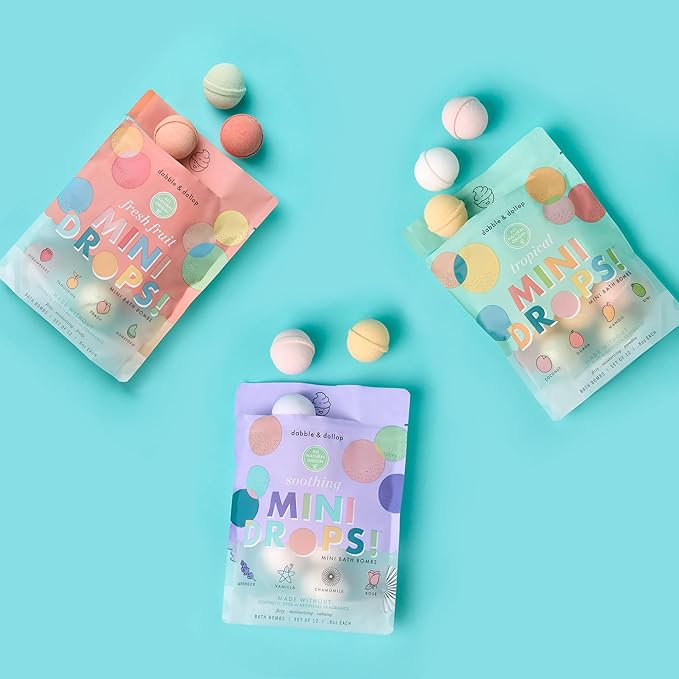 Dabble & Dollop Mini Bath Bombs, 100% Natural Droplets for Kids, Variety Pack - Resealable Pouches, Fizzy, Moisturizing & Fun, Vegan, Gluten-Free, Cruelty-Free (Set of 36)