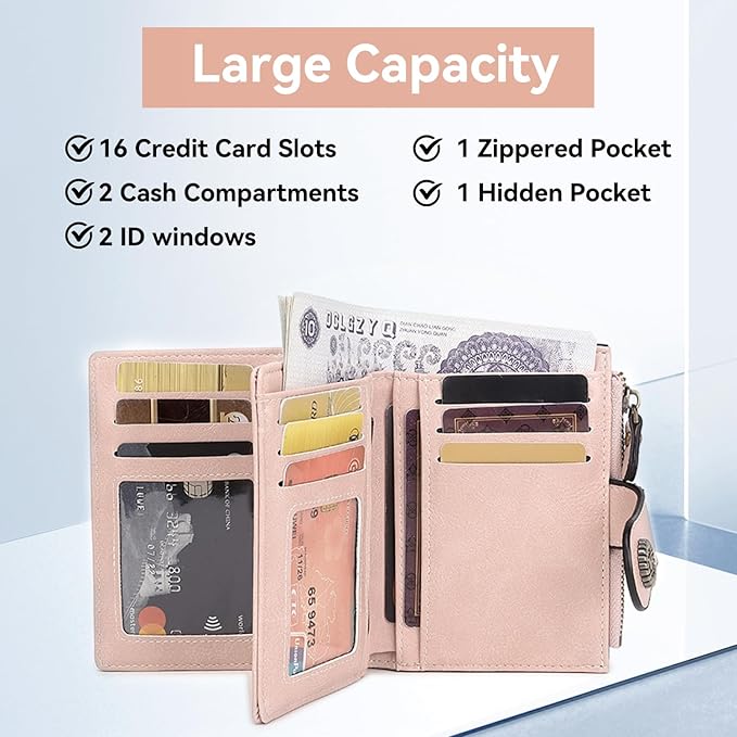 Women's Small Genuine Leather Bifold Wallet Large Capacity RFID Blocking with 16 Card Slots 2 ID Windows and Zipper Coin Pocket Pink (Pink)