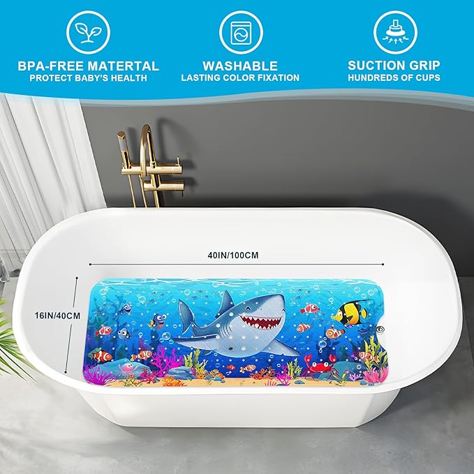 XIYUNTE Baby Bath Mat for Tub Non Slip Kids Bath Mat - 40''x16'' Extra Long Cartoon Shark Baby Bath Tub Mat Eco-Friendly Toddler Bath Mats with Suction Cups & Drain Holes, Easy to Clean & Easy Drying