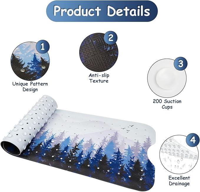 Bathtub Mat Non Slip, Forest Extra Long Bath tub Mat Shower Floor Mat with Suction Cups and Drain Holes for Adults Kids Elderly 40 X 16 Inch