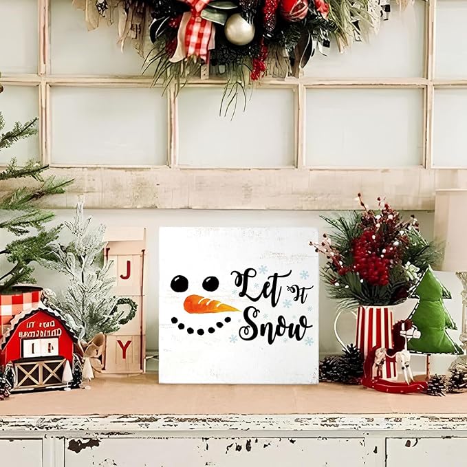 Mtrgdn Christmas Snowman Decor Sign,Winter Snowman Decorations Let's Snow Sign Wood Box Signs,Winter Christmas Signs for Home Bathroom Bedroom Kitchen Office Desk Table Shelf Wall Decor,5x5 Inch