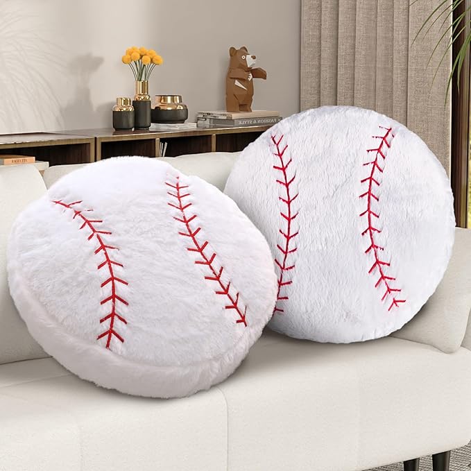 Baseball Pillow, 2 Pcs Baseball Plush Pillow, Soft Fluffy Stuffed Sports Throw Pillows, Home Decor Cushion, Round Baseball Pillows, Sports for Room Decoration 15.8"