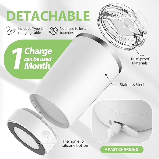 hatisan Self Stirring Coffee Mug With Lid Electric High Speed Self Stirring Mug 400ml Rechargeable Detachable Stainless Steel Self Stirring Cup for Coffee, Milk, Cocoa Christmas Gift(White)