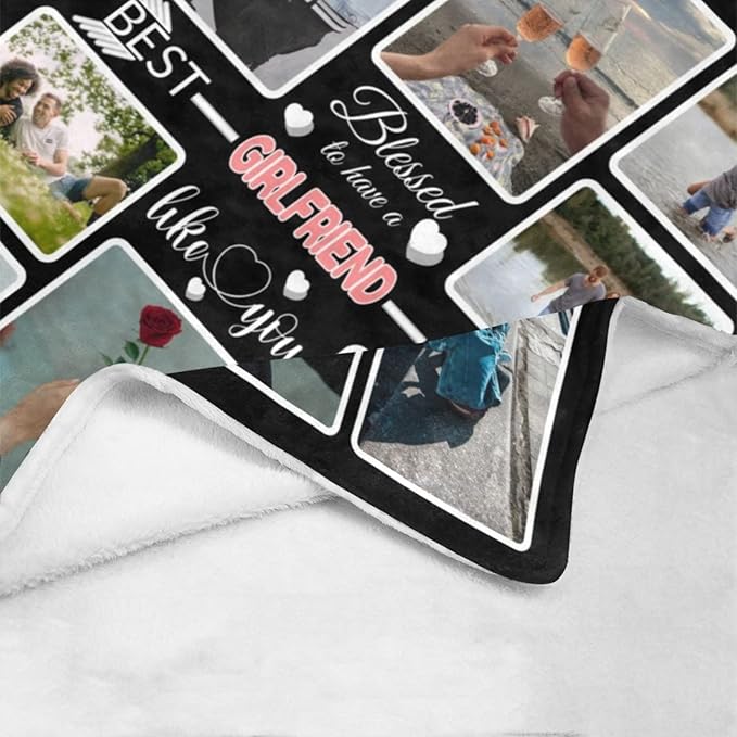 Custom Blanket Gifts for Girlfriend, Customized Blankets with Photos, Make a Personalized Bed Throws, Custom Souvenir Throw Blanket for Best Girlfriend Ever, 8 Collages Made in USA