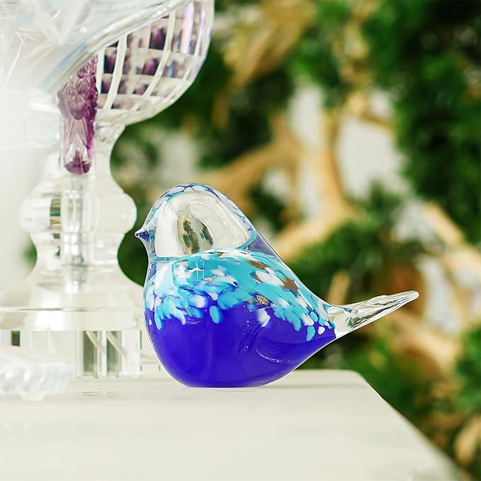 QFkris 6.5inch Blown Glass Blue Bird Figurine Collectibles Handmade Art Glass Animal Paperweight,Home Decoration Tabletop Centerpiece for Bird Lover