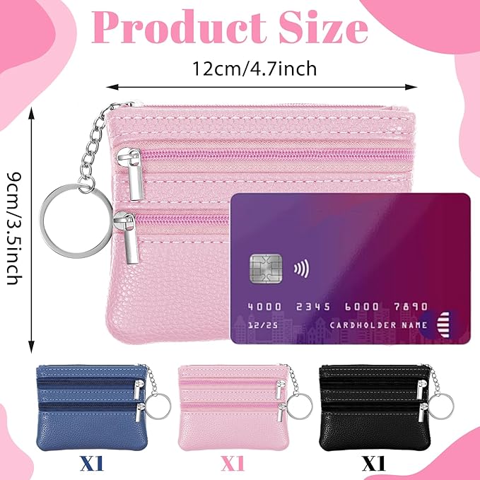 3 PCS Coin Purse Pouch Change Card Holder Wallet Mini Zipper Pouch with Keychain for Women and Men (Black, Blue, Pink)