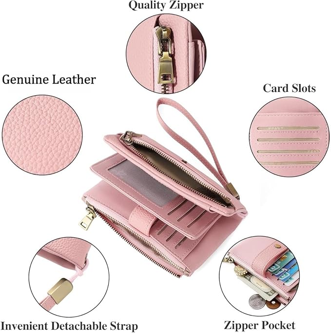 Practical Genuine Leather Wristlet Wallet for Women with Double Zipper Coin Purse and Card Organization (Pink)