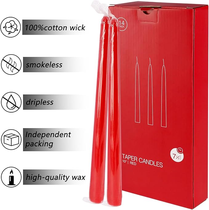 14 Pack Tall Red Taper Candles 10 Inch Unscented Dripless Candlesticks for Christmas,Valentine's Day,Dinner,Party,Brithday,Wedding and Home Decoration - 8 Hour Burn Time.