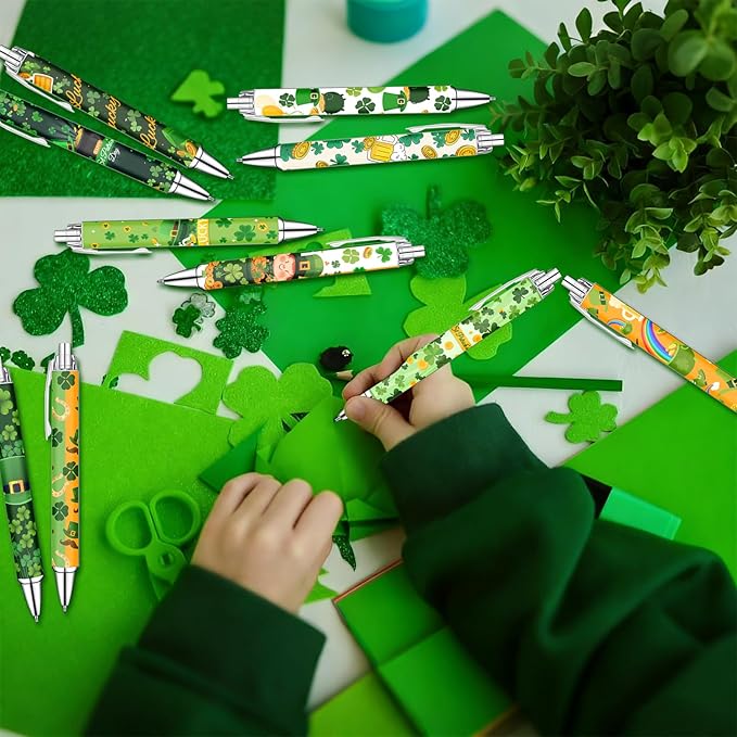 Idealmuzik Green Theme Ballpoint Pens Set of 10 – Shamrock & Lucky Clover Design with Smooth Black Ink – St. Patrick’s Day Inspired Pens for Office, Home, Party Favors, and Gifts