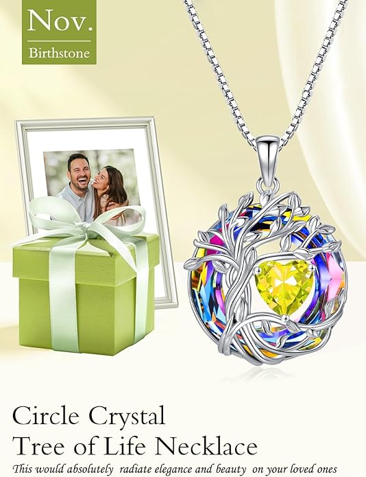 TOUPOP Tree of Life Birthstone Necklace 925 Sterling Silver Pendant Austrian Crystal Jewelry Anniversary Valentine's Day Birthday Gifts for Women Mom Her Wife