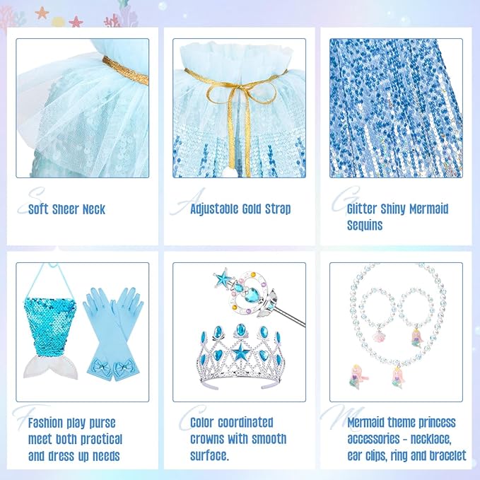 Meland Princess Dress Up for Girls 3-8, 11Pcs Mermaid Cape with Crown, Dress Up Clothes Birthday Gift Toys for Girls Toddlers